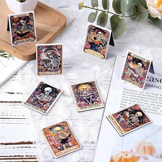 Skeleton Gothic Magnetic Bookmarks - 8 PCs Funny Horror Goth Book Marks Accessories Reading Lovers Cool Unique Fantasy Dark Romance Page Clip Essentials Gifts for Women Men Readers Bookish