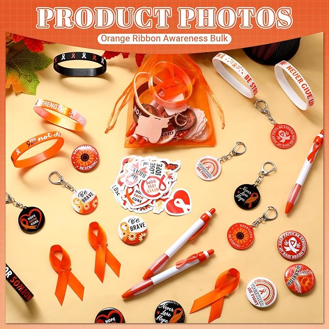 122 Pcs Ribbons Awareness Accessories Includes Ribbons Bracelets Stickers Pins Pens Keychain for School Charity Fundraiser Public Activities Supplies(Orange Ribbon,Orange)