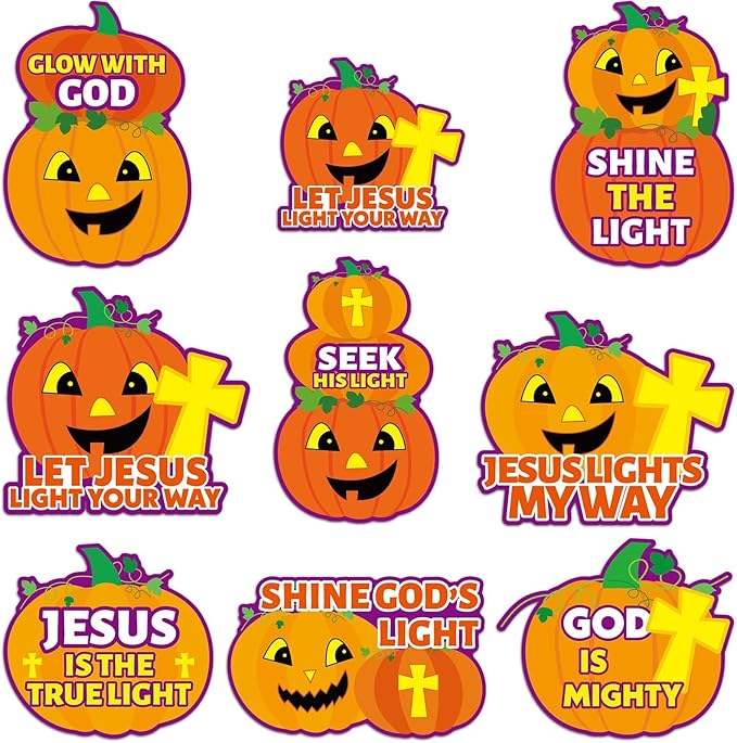 QOUBAI 36PCS Thanksgiving Religious Pumpkin Cutouts Christian Jesus Bulletin Board Fall Halloween Cardboard Door Sign Religious Holiday Wall Decor Kit Autumn Classroom Window Door Party Favor Supplies