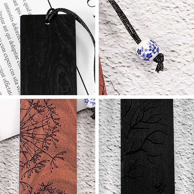 Outus 4 Pieces Wooden Bookmarks for Men Women Employee Father's Day Appreciation Gifts for Men Back to School Gifts Vintage Handmade Natural Carving for Book Lovers Birthday(Plant Style)