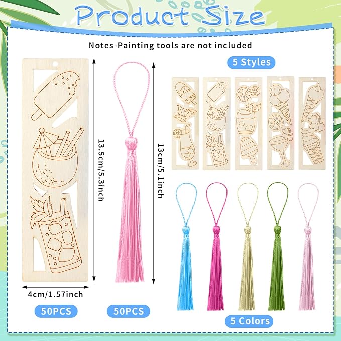 Yexiya 50 Sets Summer Ice Cream DIY Bookmarks Kit for Kids Bulk 100 Pcs Unfinished Wood Crafts with Tassels for Summer Camp Classroom Rewards and 2026 End of Year Student Gifts