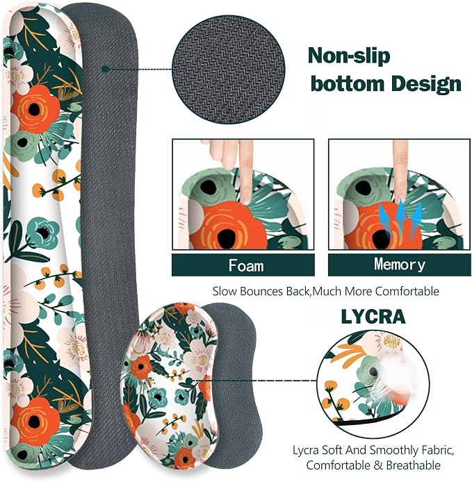 ARTSO Extended Gaming Mouse Pad Set, Keyboard Wrist Rest Support Pad + Wrist Cushion + XXL Large Mouse Pad + Coaster, Stitched Edge, Non-Slip, Memory Foam Desk Mat, Flower