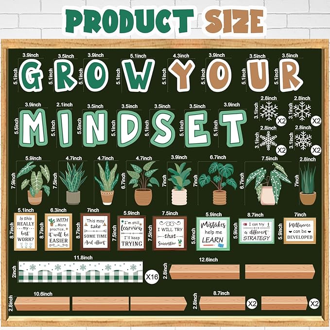 Pasimy Winter Growth Mindset Bulletin Board Plant Motivational Classroom Decorations January Bulletin Board Set Inspirational Bookshelf Greenery Cutouts for Holiday Office Library Wall Door Supplies