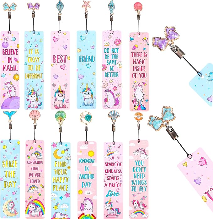 Outus 12 Pieces Unicorn and Rainbow Theme Bookmarks with 12 Pieces Metal Charms Inspirational Quotes Book Marks Unicorn Page Markers for Reading Teens and Adults