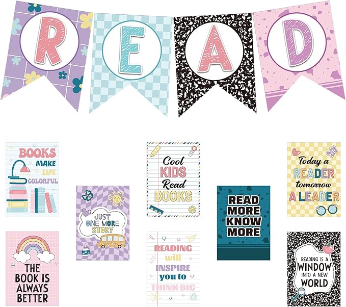 Reading Classroom Decorations Library Posters Bulletin Board Sets for Elementary Classroom Pennants Decor for Back to School Nursery Library Teacher Supplies(Bright Colors)