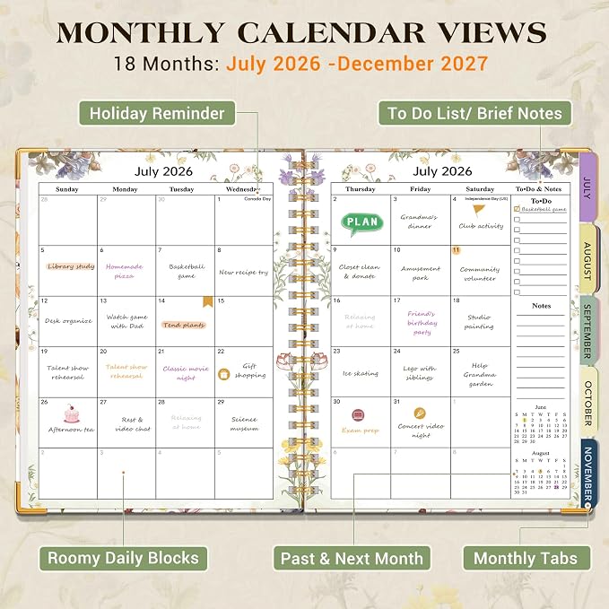Academic Planner 2026-2027, 18 Months Weekly and Monthly Calendar Planner from July 2026 - December 2027, 7.3" x 10" B5 Large Hardcover Agenda Organizer Book with Tabs, Yearly Daily Planners for School Work Student Teacher, Insect Garden