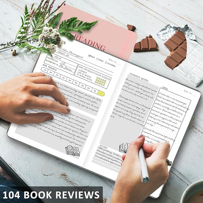 Reading Journal with 104 Book Reviews, Book Journal for Books Lovers & Readers - Review and Track Your Reading Progress, Reading Log Notebook Gift, A5, Pink