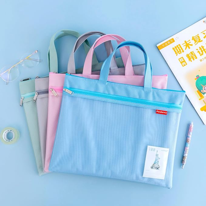 Pendancy Mesh Zipper Pouch 11x13.7 in, 2 pcs Large Double Pocket Waterproof File Bag with Handle, A4 Size Foldable Document Storage for Puzzle Project/Cross Stitch/Travel/Office（Blue Pink）
