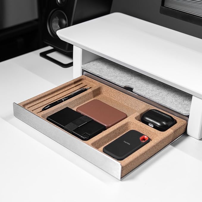Desk Tray Organiser Drawer with Compartments Cork & Aluminium Catchall Valet Pen Tray for Cockpit Setup Desktop Storage Stationery Organizer (Light)