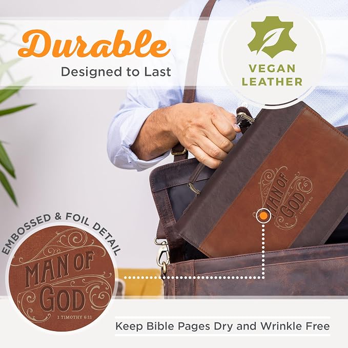 Christian Art Gifts Classic Premium Vegan Leather Inspirational Bible Cover for Men: Man of God Encouraging Bible Verse, Heat-Debossed, Sturdy Pen Loops, Pockets, Easy Carry, Brown & Gold, XL