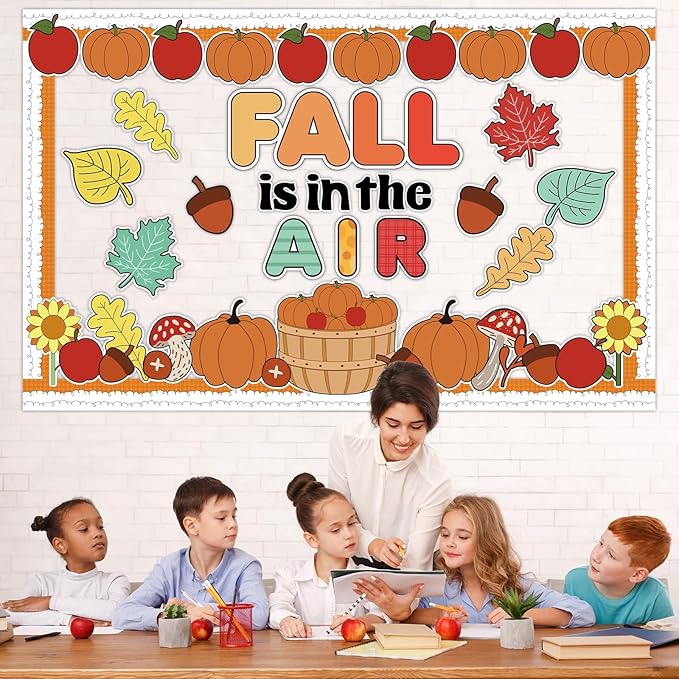 Fall Thanksgiving Bulletin Board Set Fall Pumpkin Classroom Decorations Autumn Maple Leaves Pumpkin Paper Cutouts Borders for Office School Thanksgiving Harvest Chalkboard Wall Supplies
