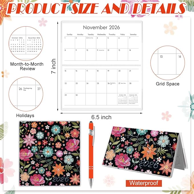 Gueevin 2026 Pocket Calendar for Purse with Pen Small Pocket Planner Handy Weekly Monthly Planner Journal Writing Notebook Valentine New Year Gift Sister Friend Women(Embroidery Floral,Orange Red)