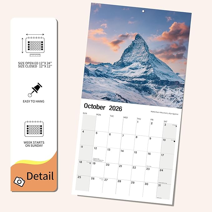 Wall Calendar 2026 Planner Calendar - Majestic Mountain Peaks Hangable Monthly Wall Calendar with Large Blocks for Organizing & Planning, Academic Schedule, Home, Office & family, Thick & Sturdy Paper (12"x24" Open)