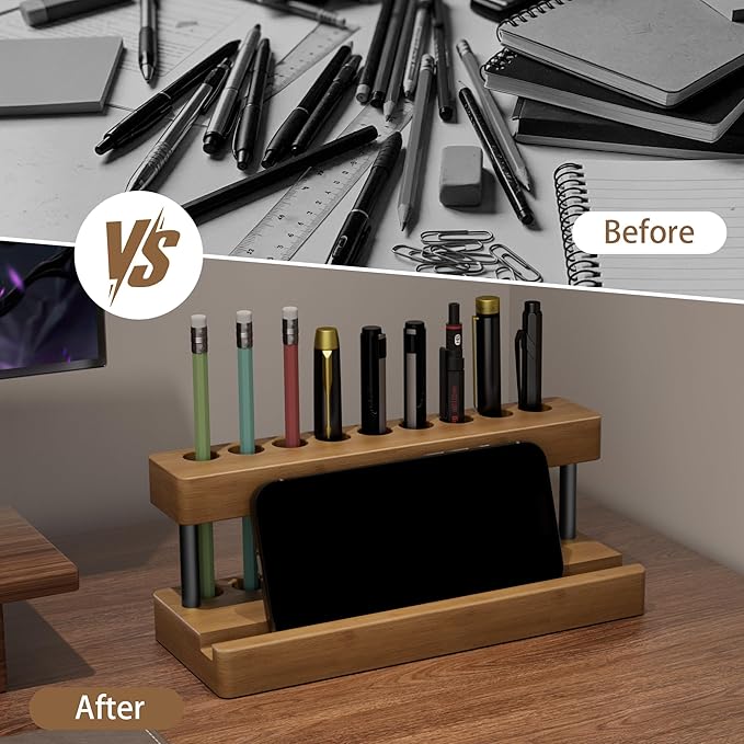 Wooden Holder for Office Desk, Solid Wood Pen Display Stand With 9 Slots and Cell Phone Holder, Aesthetic Pen Organizer for Minimalist Office Desk Decor (Wood+Black)
