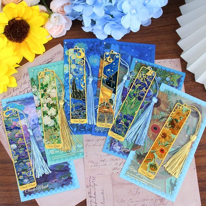 Kinsound Metal Bookmarks with Tassel, Golden Van Gogh Monet Oil Painting Theme Cute Hollow Book Markers for Reading Women, Teachers, Students, Reading Accessories Gifts for Book Lovers (Style A(6PCS))