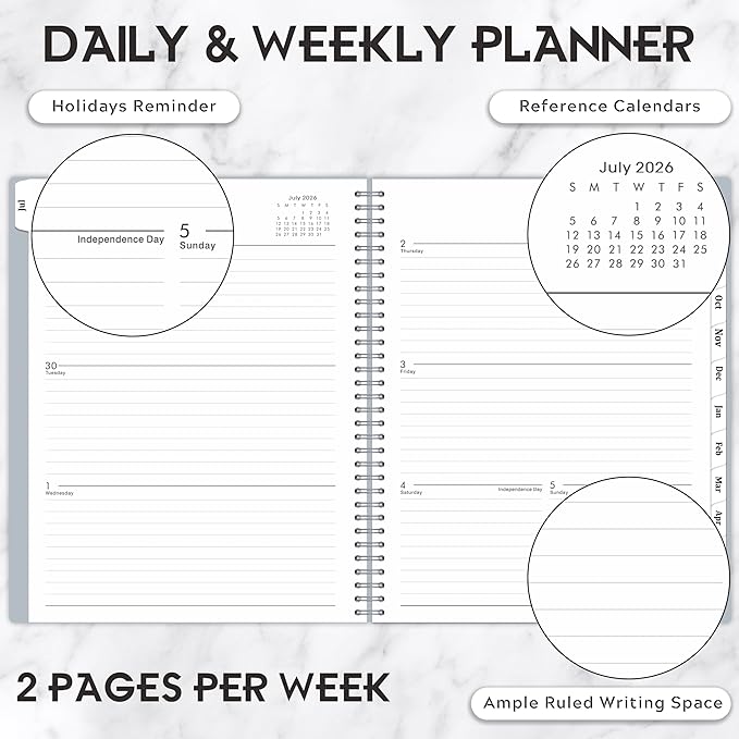 Planner 2026-2027- July 2026 - June 2027, Academic Planner 2026-2027, Tabs, Spiral Bound, 9" x 11", Grey
