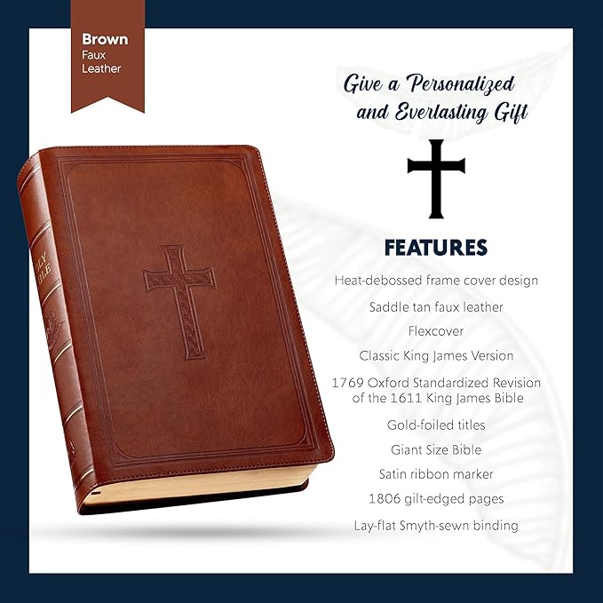 Personalized KJV Large Bible Saddle Brown Faux Leather Super Giant Print Size with Cross Cover Design | Custom with Name, Date or Text | Gift for Christian & Religious Celebrations
