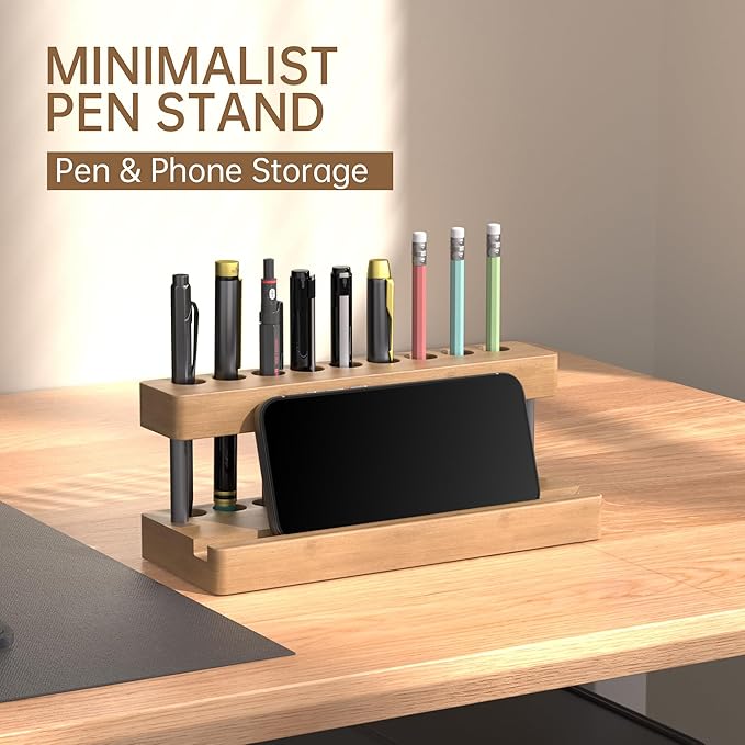 Wooden Holder for Office Desk, Solid Wood Pen Display Stand With 9 Slots and Cell Phone Holder, Aesthetic Pen Organizer for Minimalist Office Desk Decor (Wood+Black)