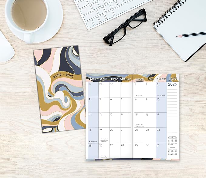 2026 Pocket Planner, 2-Year-Plus Monthly Calendar Planner (24-Month): January 2026 – December 2027, Purse Size 6.5" x 3.5", Swirly Waves