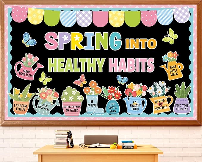 Spring Healthy Bulletin Board Set Spring Into Healthy Habits Classroom Decorations Colorful Flower Butterfly Flowerpot Paper Cutouts for School Party Nursery Chalkboard Home Office Wall Door Supplies