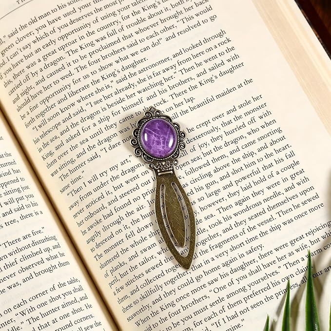 1Pcs Vintage Amethyst Bookmark with Natural Crystal Stone - Fantasy Brass Metal Bookmarks for Reading Women, Men, Book Lovers, Girls and Teachers Book Marks(Amethyst)