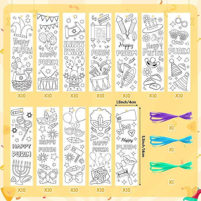 ANGOLIO Purim Color Your Own Bookmarks - 123Pcs Happy Purim Paper Bookmarks Mask Clown DIY Coloring Blank Reading Page Holder for Jewish Holiday Carnival Sunday School Classroom Party Goodie Fillers
