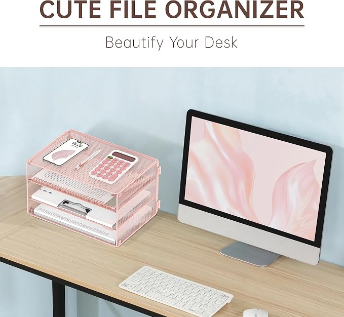 DALTACK 3 Tier Letter Tray Paper Organizer for Desk, Mesh Metal Desk File Organizer with Sliding Trays for Letter/A4 Paper, Mail, Bills & Folders, Pink