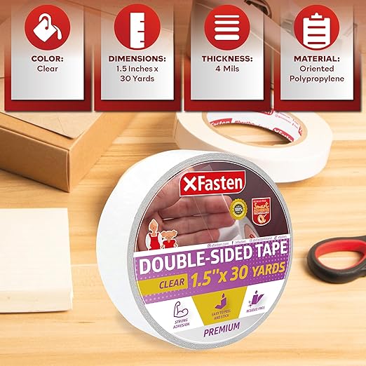 XFasten Double Sided Tape Clear, Removable, 1.5-Inch by 30-Yards, Single Roll Ideal as a Gift Wrap Tape, Holding Carpets, and Woodworking
