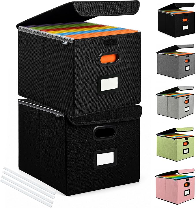 Qerlei File Organizer Boxes with Lids,Collapsible File Folder Organizer with Plastic Slide,Collapsible Filing & Storage Boxes for Office/Decor/Home (Black, 2 Pack)