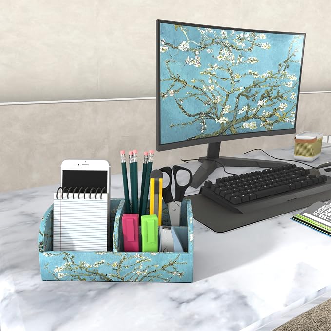 PU Leather Supply Organizer,Remote Control Holder Multifunctional Office Stationery Storage Box Organizer,Pencil Holders Organizers Table Top Desktop Desk Accessories(1-Peach Blossom)
