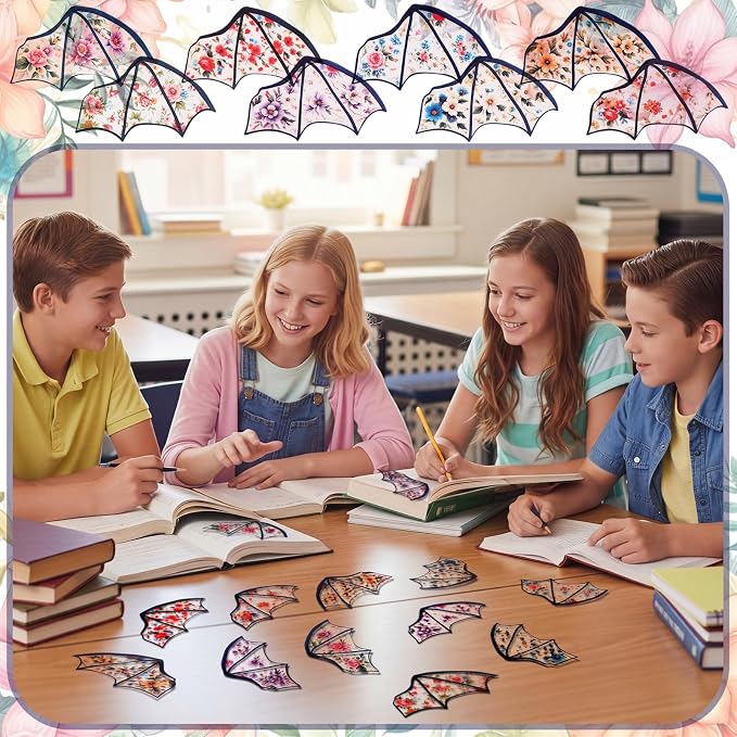 Fuyoooo 48pcs Clear Gothic Bookmark Floral Flower Patterned Bat Dragon Bookmarks Goth Gothic Dark Academia PVC Vintage Flower Book Markers Halloween Book Lover Reader Gift