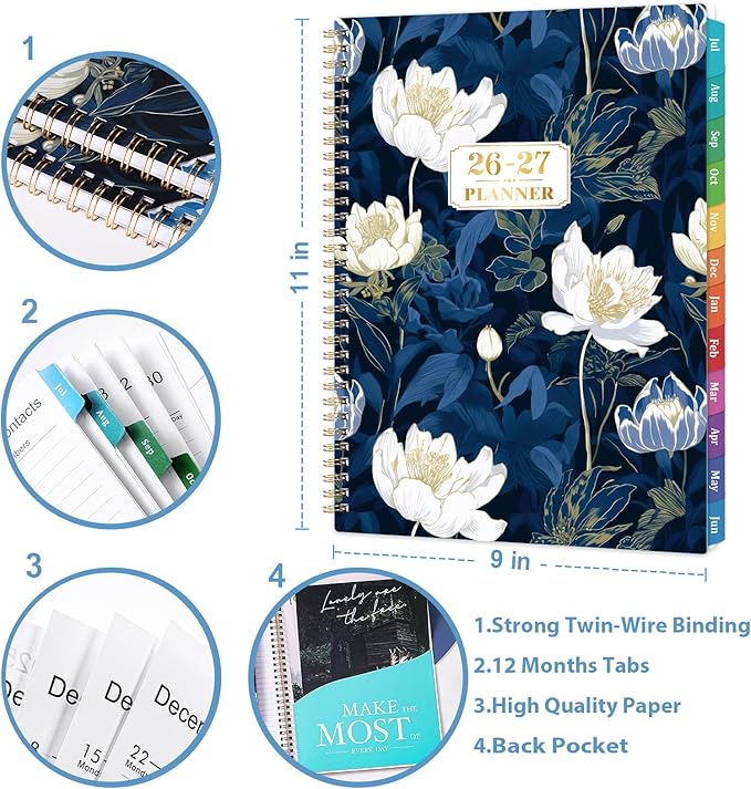 Planner 2026-2027 - July 2026 - June 2027, 8.5" x 11", Academic Planner 2026-2027 Weekly & Monthly, Large Calendar with 12 Monthly Tabs, Back Pocket