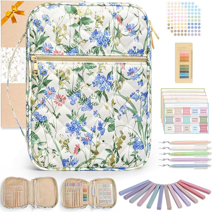 Flower Bible Cover Cases, Quilted Cotton Bible Bag with Multi Pockets 26 Pcs Study Supplies Journaling Kit, Durable Book Carrying Cases Easter Stuffers Gifts with Green Blue Flower Print