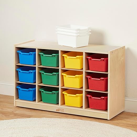 ECR4Kids 12 Cubby Mobile Tray Cabinet and 15 Scoop Front Bins, 3x4, Kids Furniture, Assorted