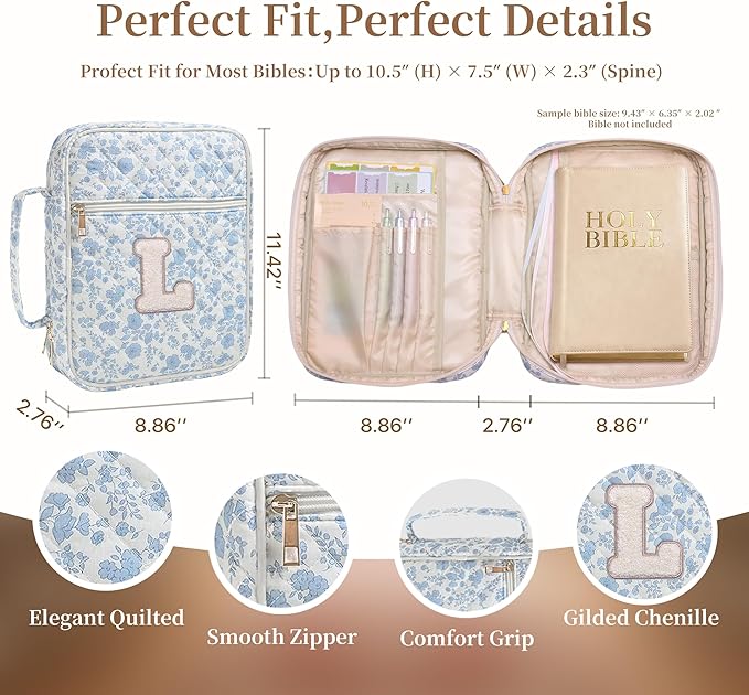 Personalized Initial Bible Cover Case for Women – Large Quilted Bible Bag with Handle, Chenille Letter, Bible Study Kit, Christian Gift for Mom, Grandma & Daughter (Blue Floral-L)
