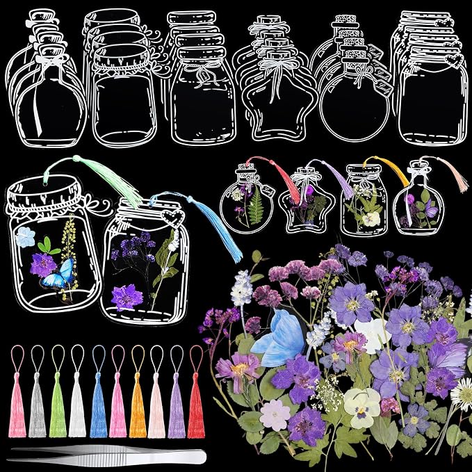 TaoBary 152 Pcs DIY Transparent Dried Flower Bookmark Set Handmade DIY Bookmarks with Dried Pressed Flowers Leaves Butterfly Stickers Colorful Tassels and Tweezers for Reader Writer (Pastel Color)