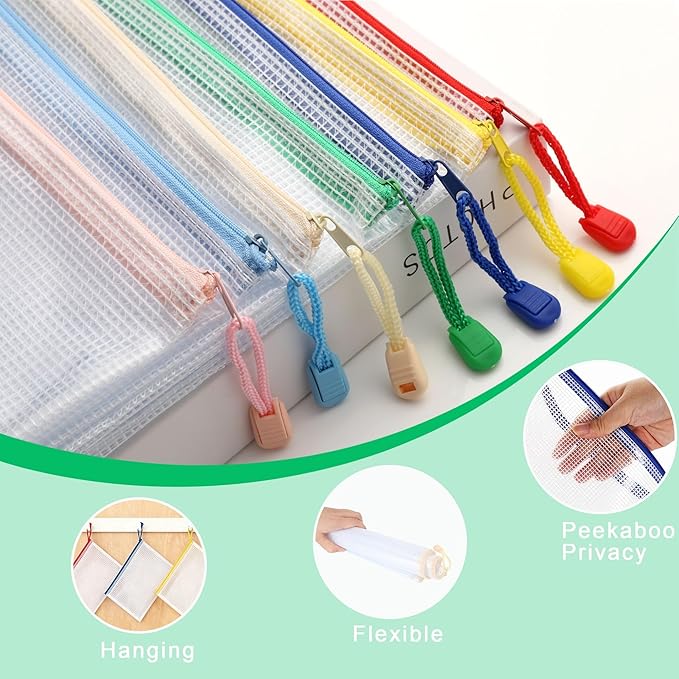 7-Pack Mesh Zipper Pouch with 1 Organizer Bag, A4 Size (13x9.4) Clear Waterproof File Bags, Fits 14 Inch Laptop, Professional Office & College Organizing System (8pcs)