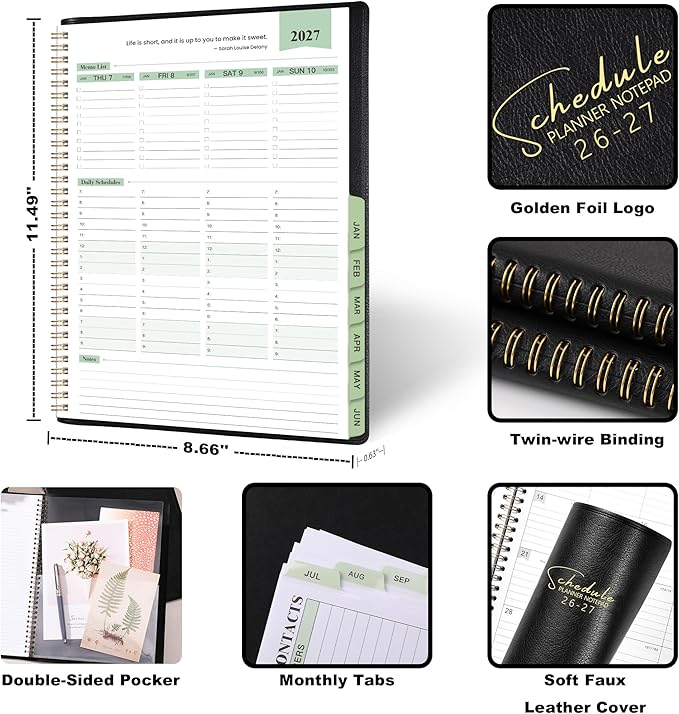 Planner 2026-2027 - Business Planner 2026-2027, 3-Tier Schedule Planning Notepad, JUL 2026 - JUN 2027, Appointment Book, 8.74" x 11.38", 60 Minutes Intervals + Leather Cover + Monthly Tabs + Pocket - Black
