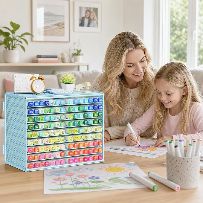 Marbrasse Mesh Marker Organizer, Metal Desktop Storage Rack for 126 Markers, Pens, Pencils, 9 Tier Marker Holder for Office Classroom & Home Art Supplies(Blue)