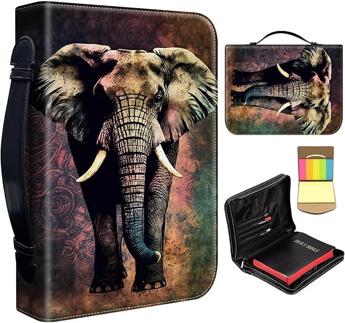 Bible Cover for Men Women,Large Leather Bible Case Fit Book Up to 11x8x2 Inch,Elephant Art Bible Covers Bible Study Carrier Church Bags w/Handle & Zipper