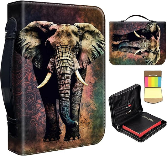 Bible Cover for Men Women,Large Leather Bible Case Fit Book Up to 11x8x2 Inch,Elephant Art Bible Covers Bible Study Carrier Church Bags w/Handle & Zipper