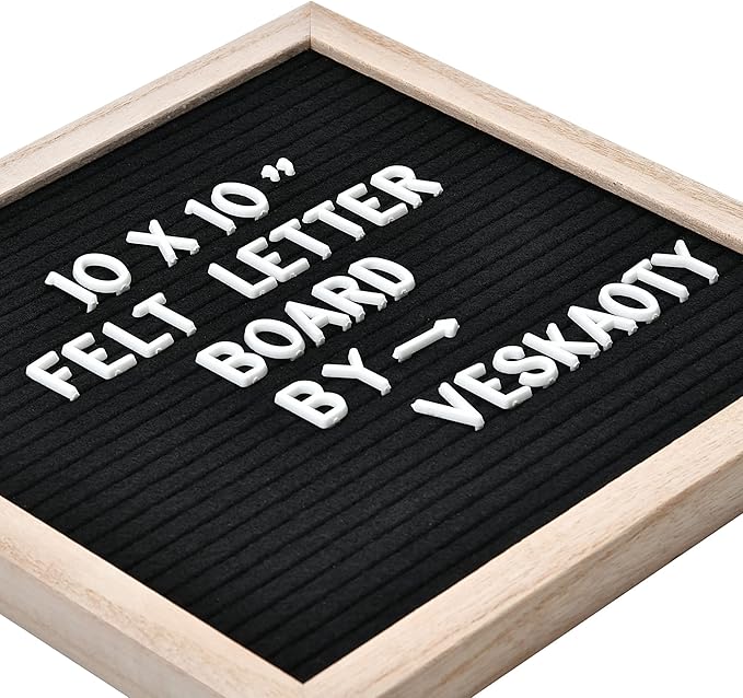 Felt Letter Board with 294 Letters, Numbers & Symbols - 10 x 10 inch Changeable Message Board with Wooden Frame Wall Mount Hook, Black & Wood