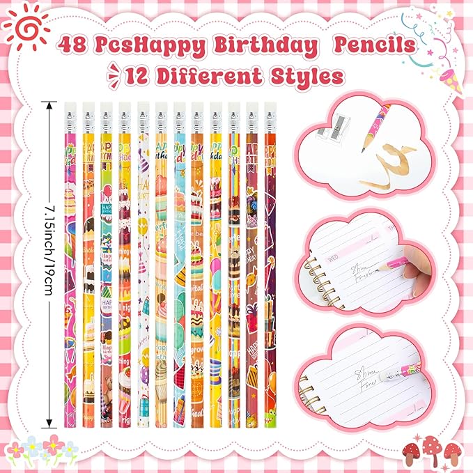 48 Pcs Happy Birthday Pencils for Students, Bulk Colorful Pencils with Top Erasers for Kids, Wood Writing Instruments for Teachers Classrooms Reward Birthday Party Supplies, 12 Assort Style