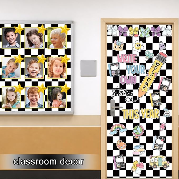 Black Checkered Bulletin Board Roll Reusable Waterproof Erasable Black White Retro Bulletin Board Roll Checkered Flag Non-Woven Fabric Background Poster for Classroom Decor Wrapping Craft 15.7" x 40ft