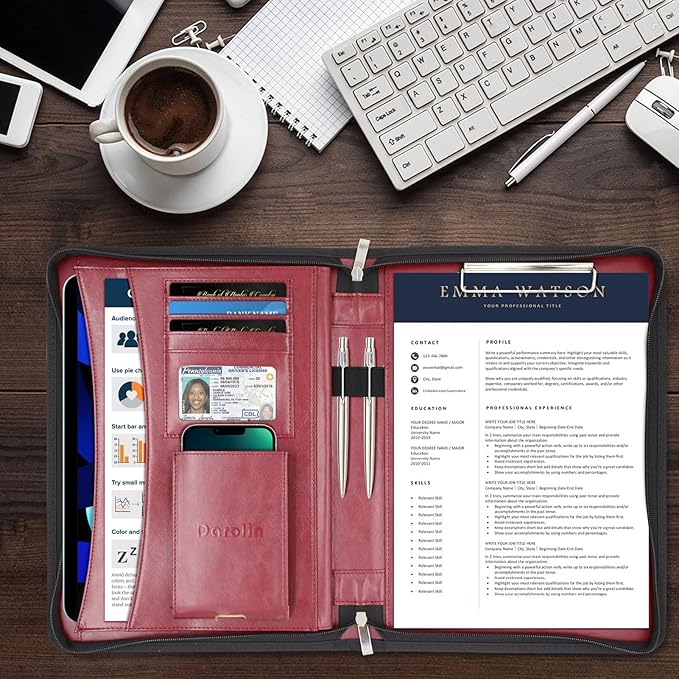 Darolin Zippered Leather Padfolio Portfolio with [Hidden Handle] and [Clipboard], Business Conference Organizer Notepad Folder, Portfolio Bag for Women/Men (Redwine)