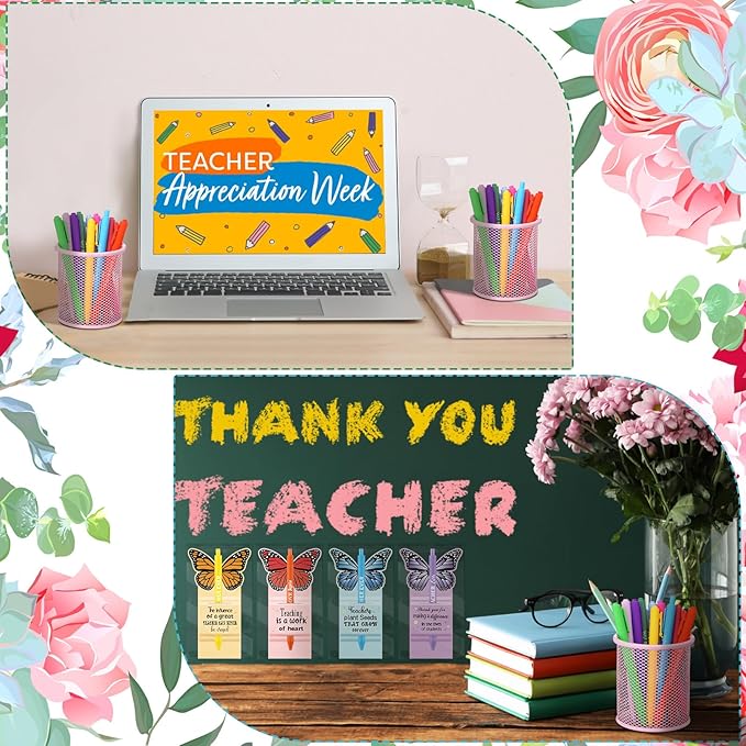 Fuyoooo 50 Set Teacher Appreciation Pens Bulk Thank You Gift Thank You for Helping Me Grow Inspirational Ballpoint Pens with Cards for School Office Supplies(Butterfly)