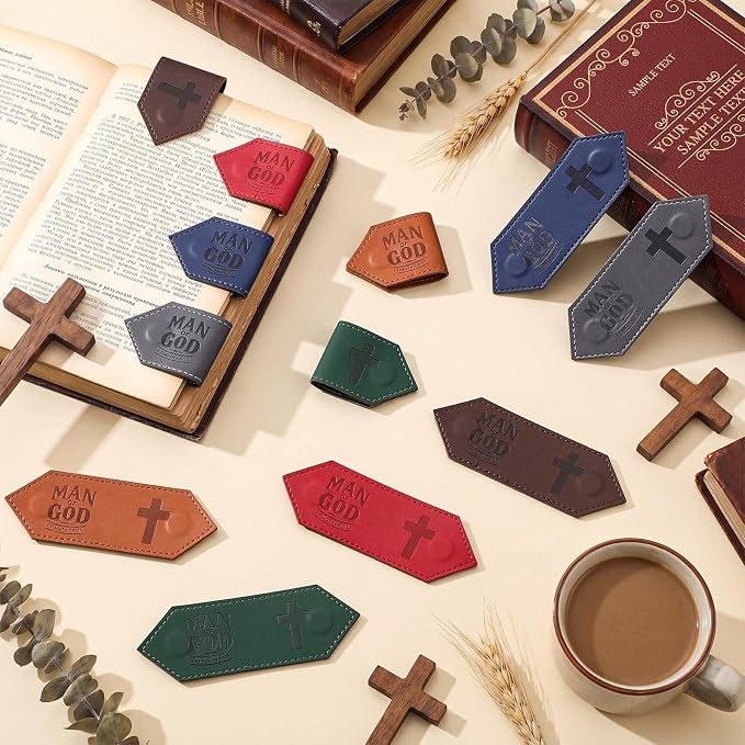 AmazingSpark 12 Pcs Man of God Cross Gift Bulk for Father's Day Christian Leather Magnetic Bookmarks Religious Gift for Men Dad Church Pastors Missionary Husband (Classic)