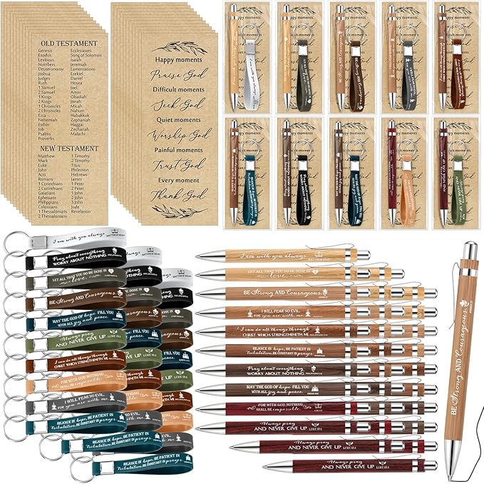 Gueevin 30 Sets Father's Day Christian Church Gift Bulk Bible Verse Bamboo Pens Religious Bookmarks and Scripture Silicone Keychains, Father's Day Thank You Gifts for Men
