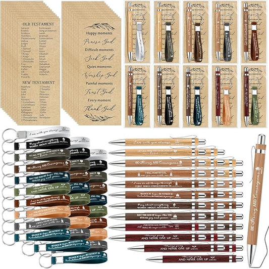 Gueevin 30 Sets Father's Day Christian Church Gift Bulk Bible Verse Bamboo Pens Religious Bookmarks and Scripture Silicone Keychains, Father's Day Thank You Gifts for Men