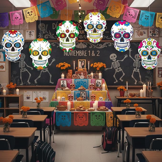 TaoBary 24 Pcs Day of The Dead Decorations Sugar Skull Cutouts Paper 7.09 Inch Dia De Muertos Party Decorations Sugar Skull Bulletin Board Decor for Mexican Halloween Classroom Altar Wall Crafts